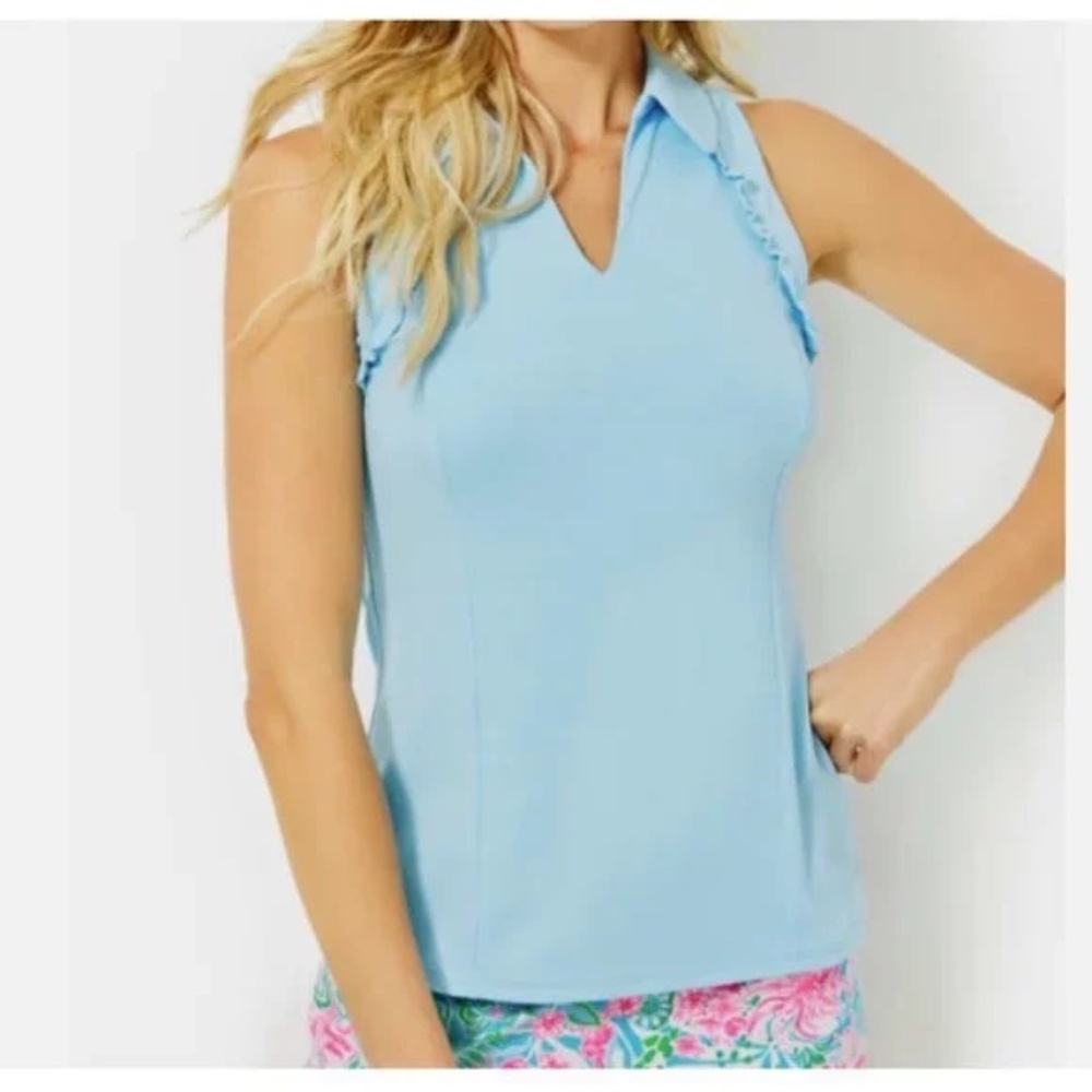 Lilly Pulitzer Luxletic UPF 50+ Martina Ruffled Blue V-Neck Polo Top NWT Large